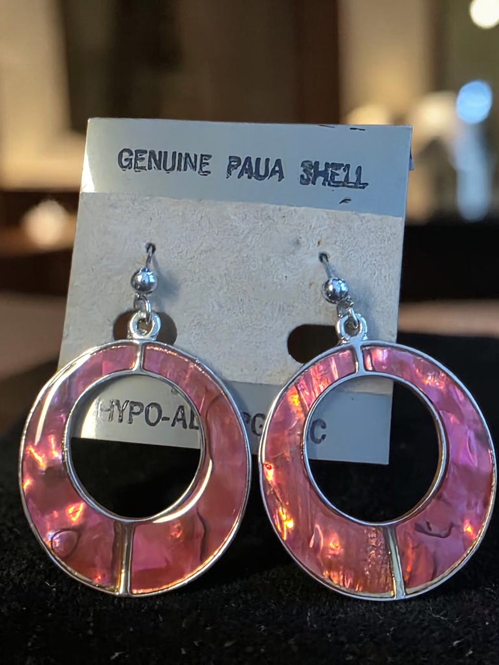 Genuine Pink Paua Shell Silver Open Hoop Drop Earrings